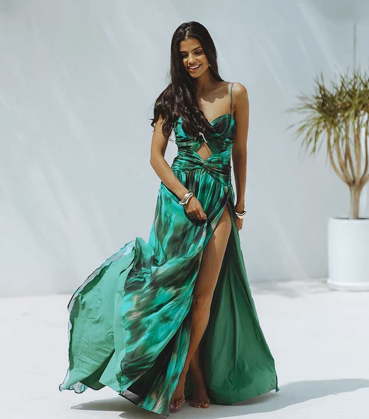 Flaxmaker Green Printed Pleated Swimsuit & Skirt Set	