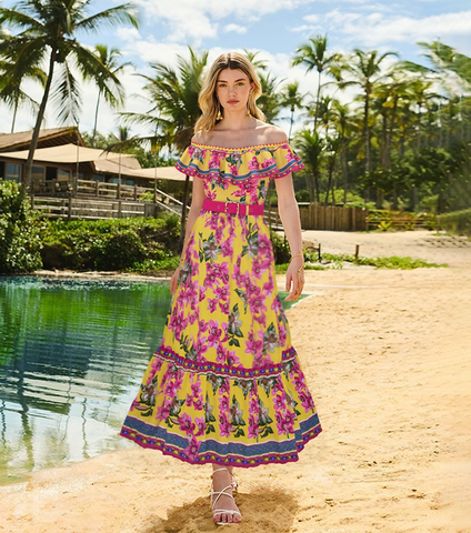 Bandeau Ruffled Orchid Print One Piece Swimsuit and Skirt	