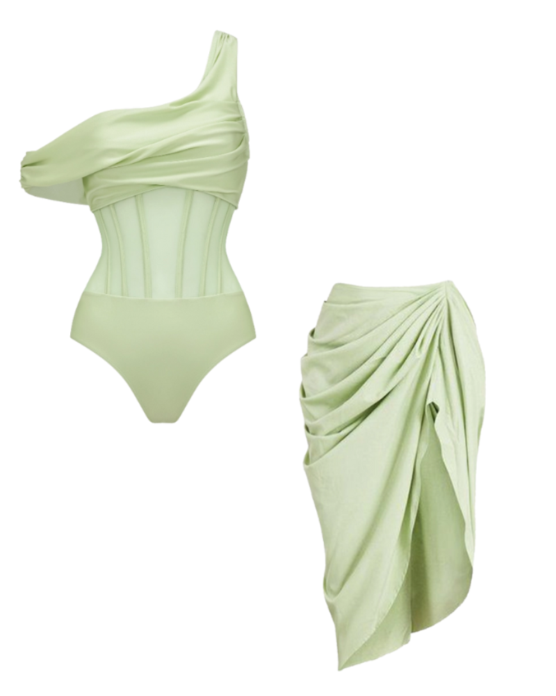 One Shoulder Net Yarn Splicing One Piece Swimsuit and Skirt