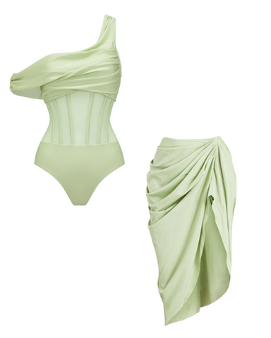 One Shoulder Net Yarn Splicing One Piece Swimsuit and Skirt