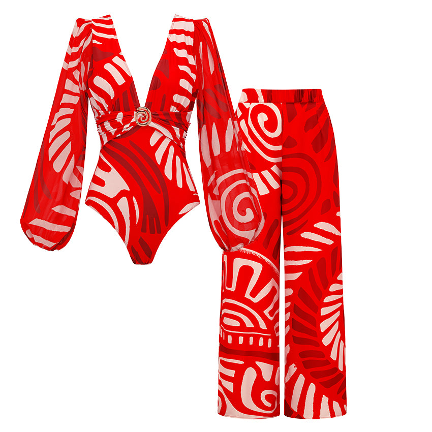 Long Sleeves Red Tribal Print Swimsuit Set(s)	