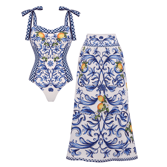 Bowknot Shoulder Lemon Printed Swimsuit Set(s)	