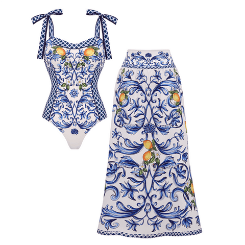 Bowknot Shoulder Lemon Printed Swimsuit Set(s)	