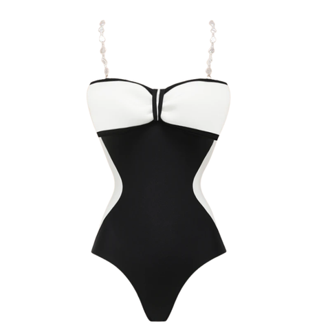 Black and White Bow Decor One Piece Swimsuit and Skirt