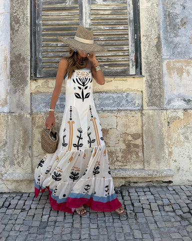 Ruffle Retro Printed Sling Dress