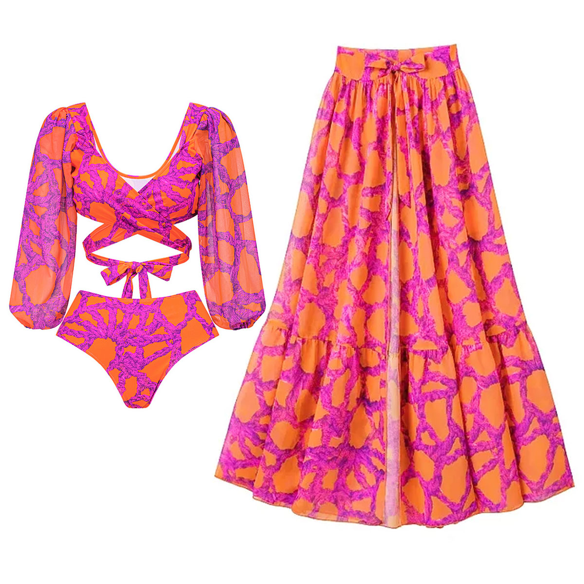 Long Sleeve V Neck Printed Bikini Swimsuit and Skirt Flaxmaker	