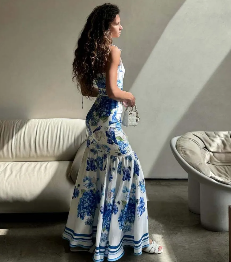 Hydrangea Prints One Piece Swimsuit and Skirt	