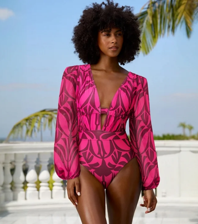 Rose Red Pattern Print Long-sleeved One Piece Swimsuit and Skirt	