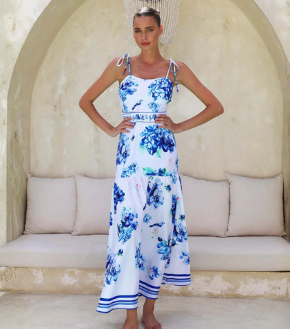 Hydrangea Prints One Piece Swimsuit and Skirt	