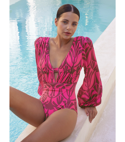 Rose Red Pattern Print Long-sleeved One Piece Swimsuit and Skirt	