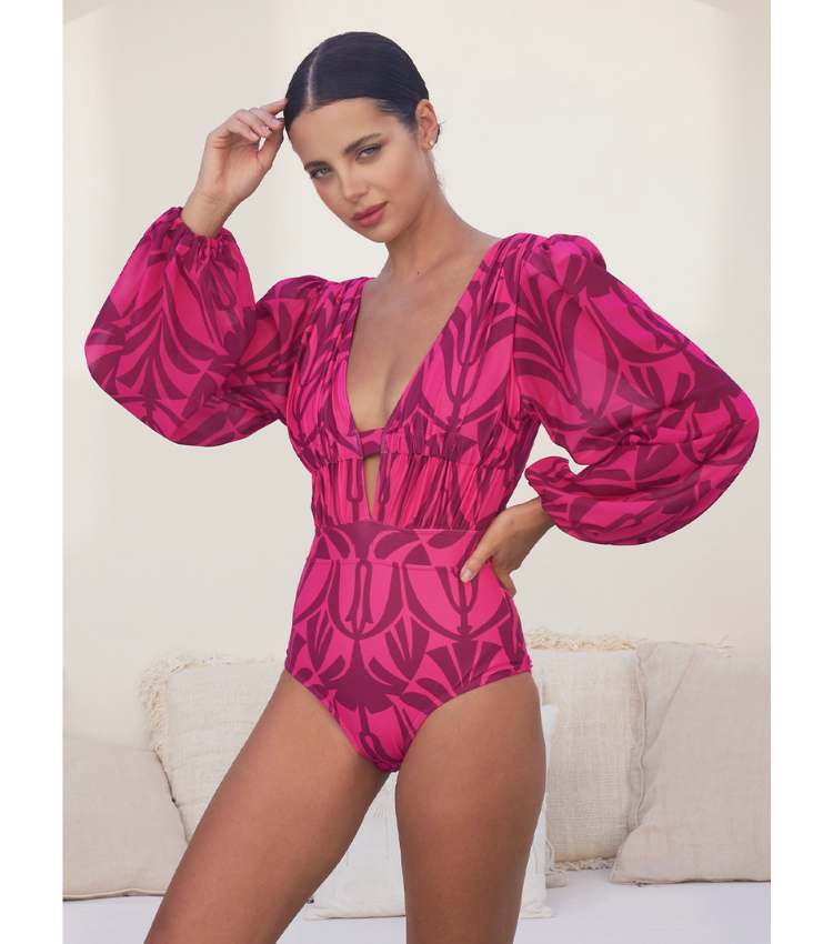 Rose Red Pattern Print Long-sleeved One Piece Swimsuit and Skirt	
