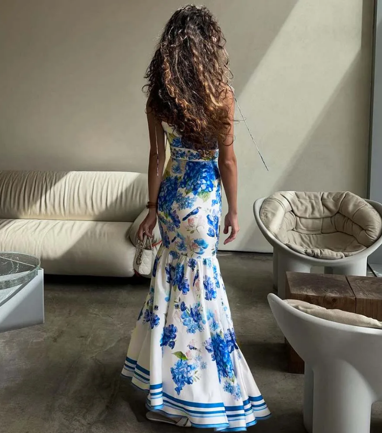 Hydrangea Prints One Piece Swimsuit and Skirt	