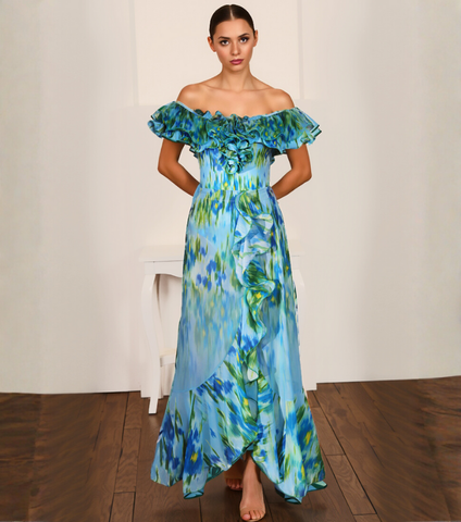 Removable Shoulder Strap Off Shoulder Ruffle Abstract Pattern Print One piece Swimsuit and Skirt