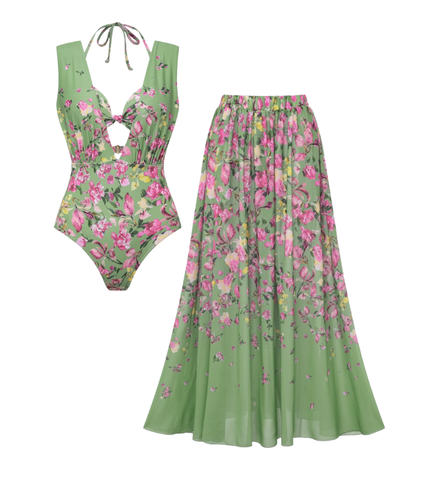 Floral Top & Plunging Ruched Swim Set and Skirt	