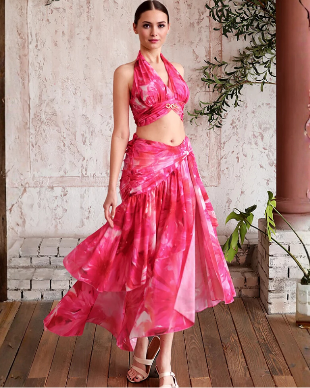 Floral Printed Halter Bikini Swimsuit and Skirt	
