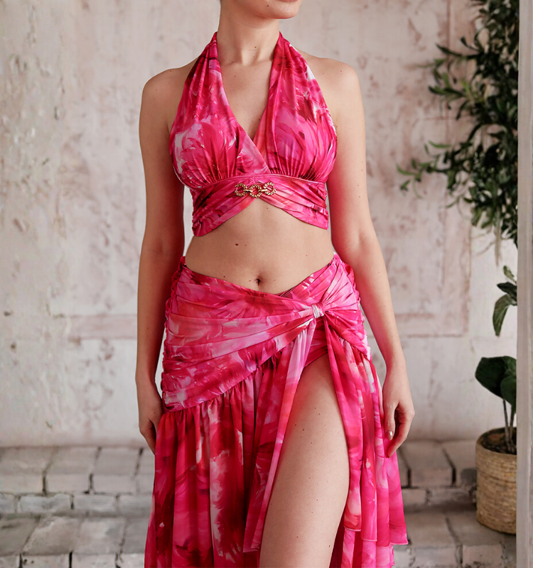 Floral Printed Halter Bikini Swimsuit and Skirt	