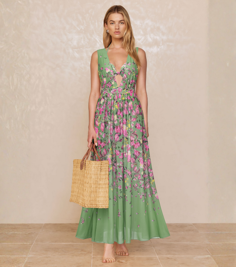 Floral Top & Plunging Ruched Swim Set and Skirt	