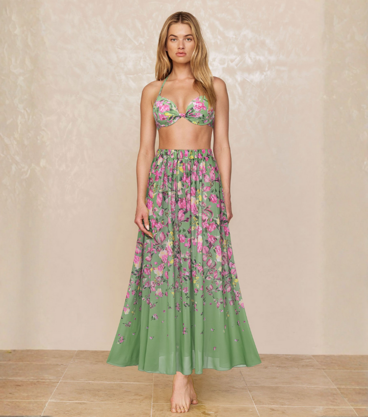 Floral Top & Plunging Ruched Swim Set and Skirt	