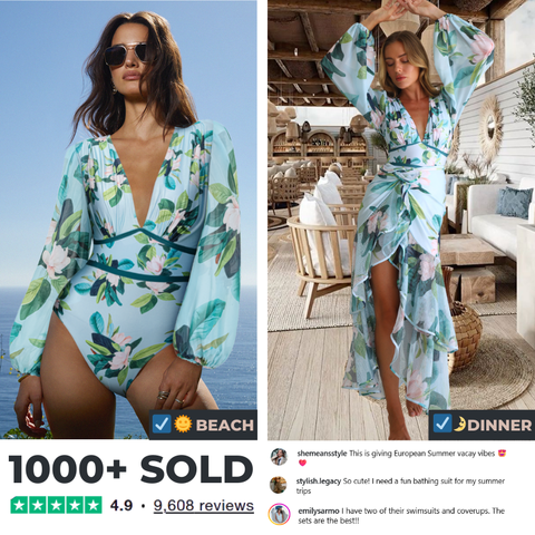 Long-sleeved Mangnolia Print One Piece Swimsuit and Skirt
