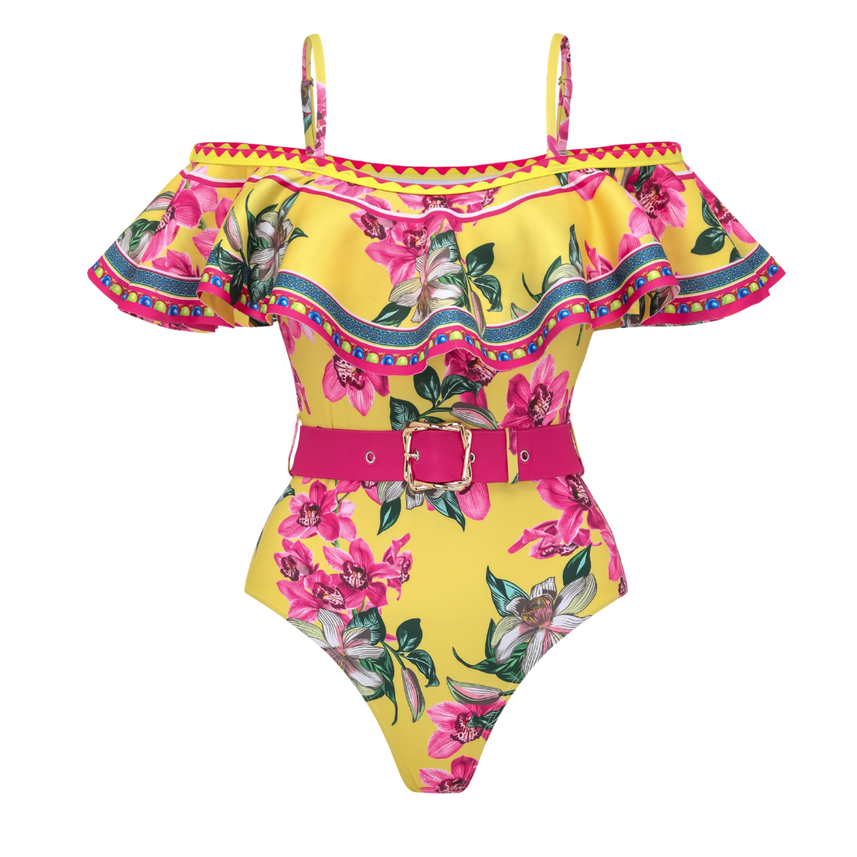 Bandeau Ruffled Orchid Print One Piece Swimsuit and Skirt	