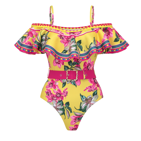 Bandeau Ruffled Orchid Print One Piece Swimsuit and Skirt	