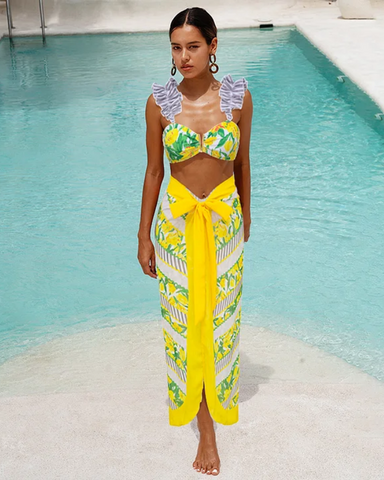 Tie Shoulder Lace Up Splicing Printed High Waist Bikini Swimsuit and Skirt
