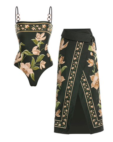 Embroidery Flower Printed One Piece Swimsuit and sarong