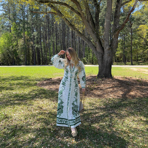 V Neck Retro Printed In Green Dress