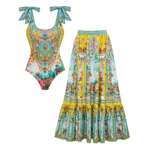 Bow-detailed Bougainvillea Print Swimsuit Set(s)