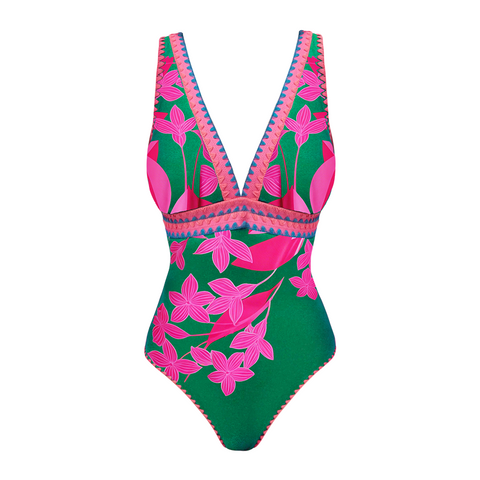 Pink & Green Colorblock Print V-Neck Swimsuit Set(s)