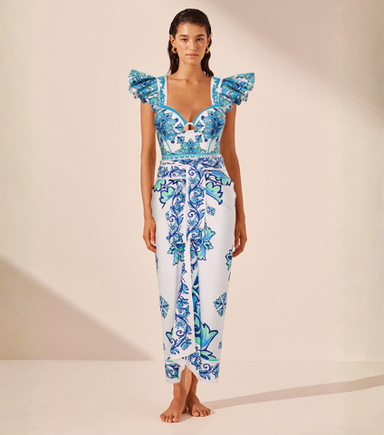 Ruffle Majolica Print One Piece Swimsuit and sarong or Pants
