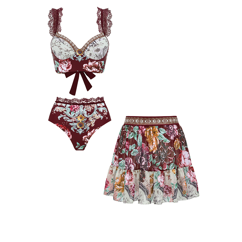 Lace Decoration Peony Print Swimsuit Set(s)	