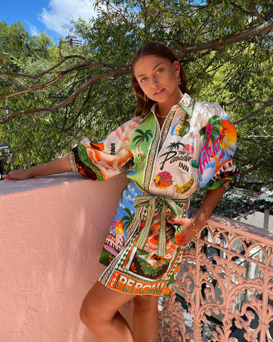 Fashion Vacation Lace up Printed Mini Dress