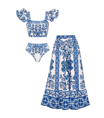 Ruffle Blue and White Porcelain Pattern Majolica Print Bikini Swimsuit and Skirt or Sarong	
