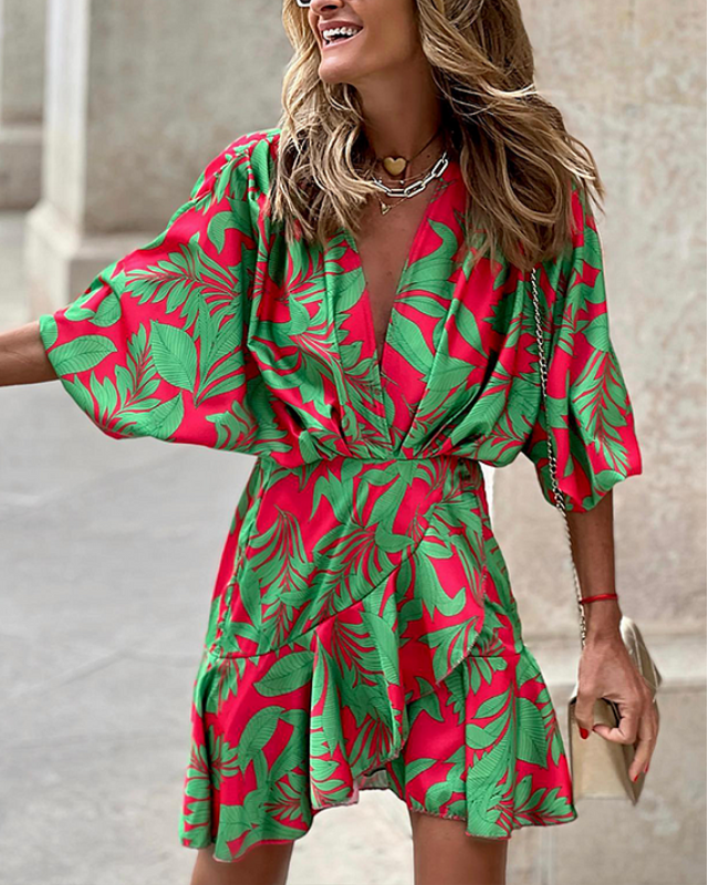 V Neck Ruffle Printed Mini Dress