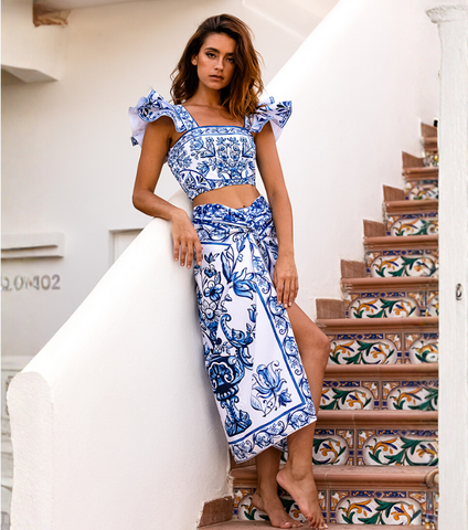 Ruffle Blue and White Porcelain Pattern Majolica Print Bikini Swimsuit and Skirt or Sarong	