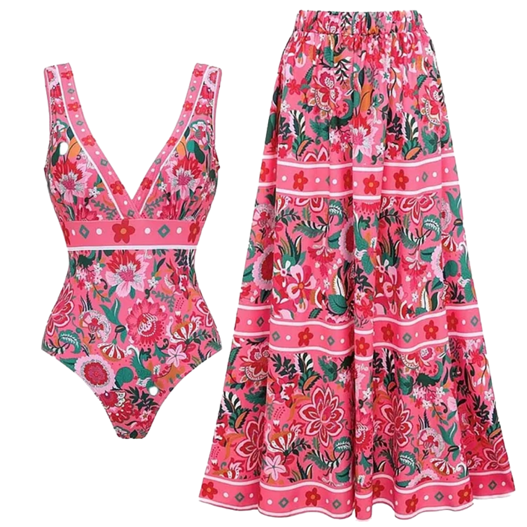 Pink Floral Paradise Print V-neck One Piece Swimsuit and Skirt	