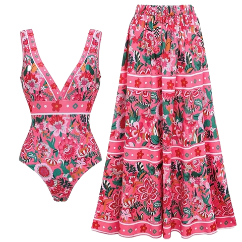 Pink Floral Paradise Print V-neck One Piece Swimsuit and Skirt	