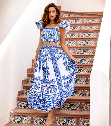 Ruffle Blue and White Porcelain Pattern Majolica Print Bikini Swimsuit and Skirt or Sarong	