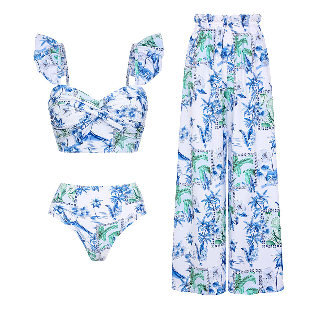 Sling Ruffle Printed  High Waist Bikini Swimsuit and Skirt