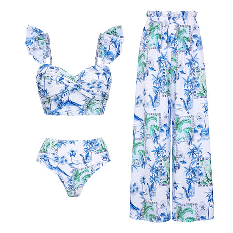 Sling Ruffle Printed  High Waist Bikini Swimsuit and Skirt