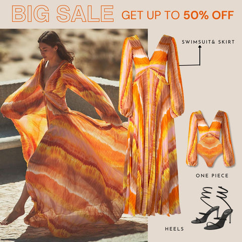V Neck Chiffon Long Sleeve Orange One Piece Swimsuit and Skirt