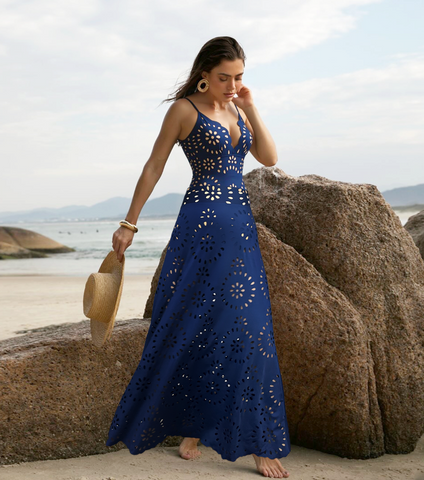 Navy Blue Laser Cutting Flower Hollow One Piece Swimsuit and Skirt