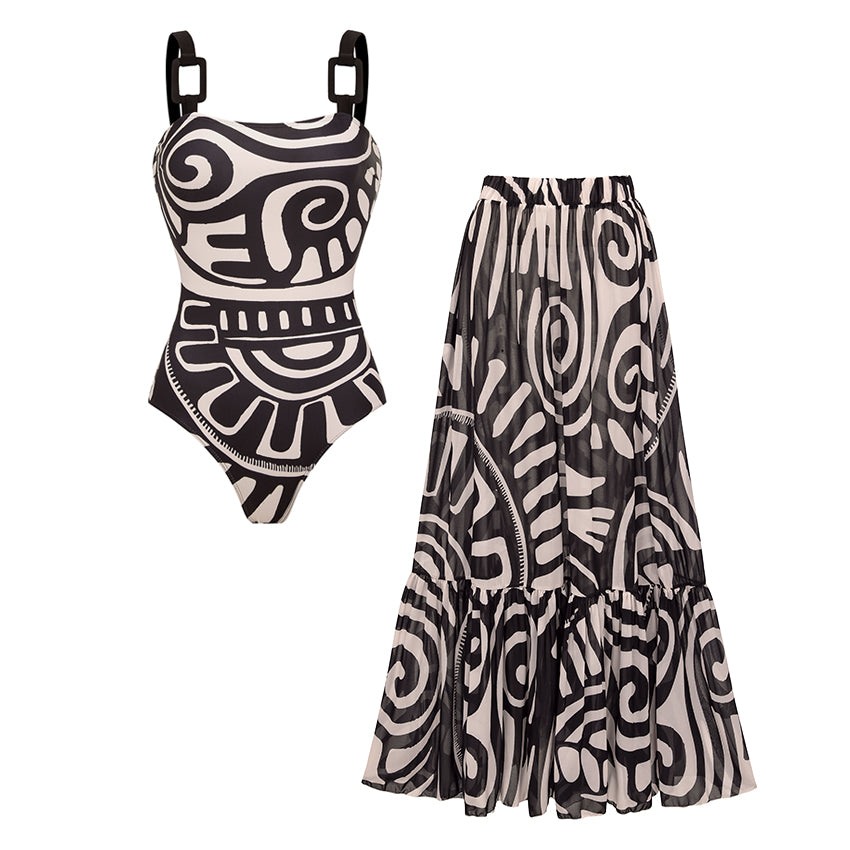 Adjustable Shoulder Straps Black Tribal Print Swimsuit Set(s)	