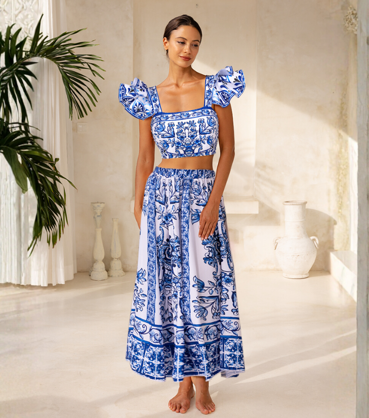 Ruffle Blue and White Porcelain Pattern Majolica Print Bikini Swimsuit and Skirt or Sarong	