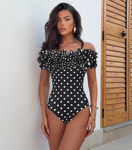 Bandeau Polka Dot Print One Piece Swimsuit and Skirt	