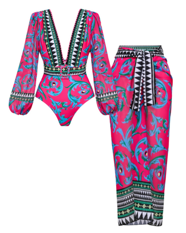 Long-sleeved Peacock Totem Print One Piece Swimsuit and sarong
