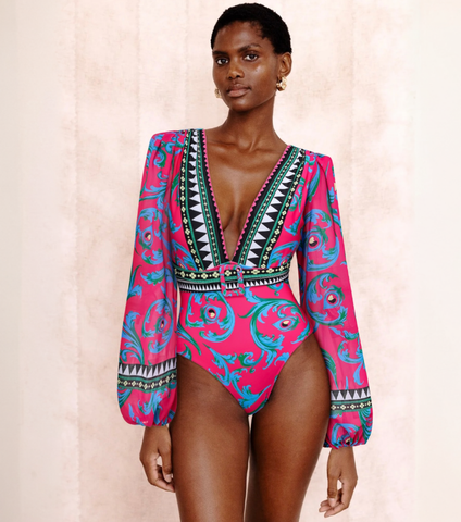 Long-sleeved Peacock Totem Print One Piece Swimsuit and sarong