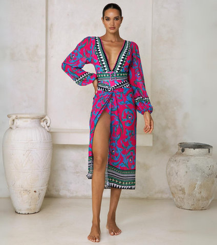 Long-sleeved Peacock Totem Print One Piece Swimsuit and sarong