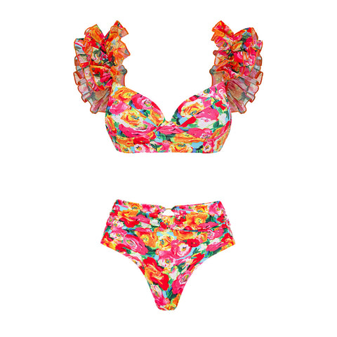Ruffled Straps Floral Print Bikini Swimsuit and Skirt